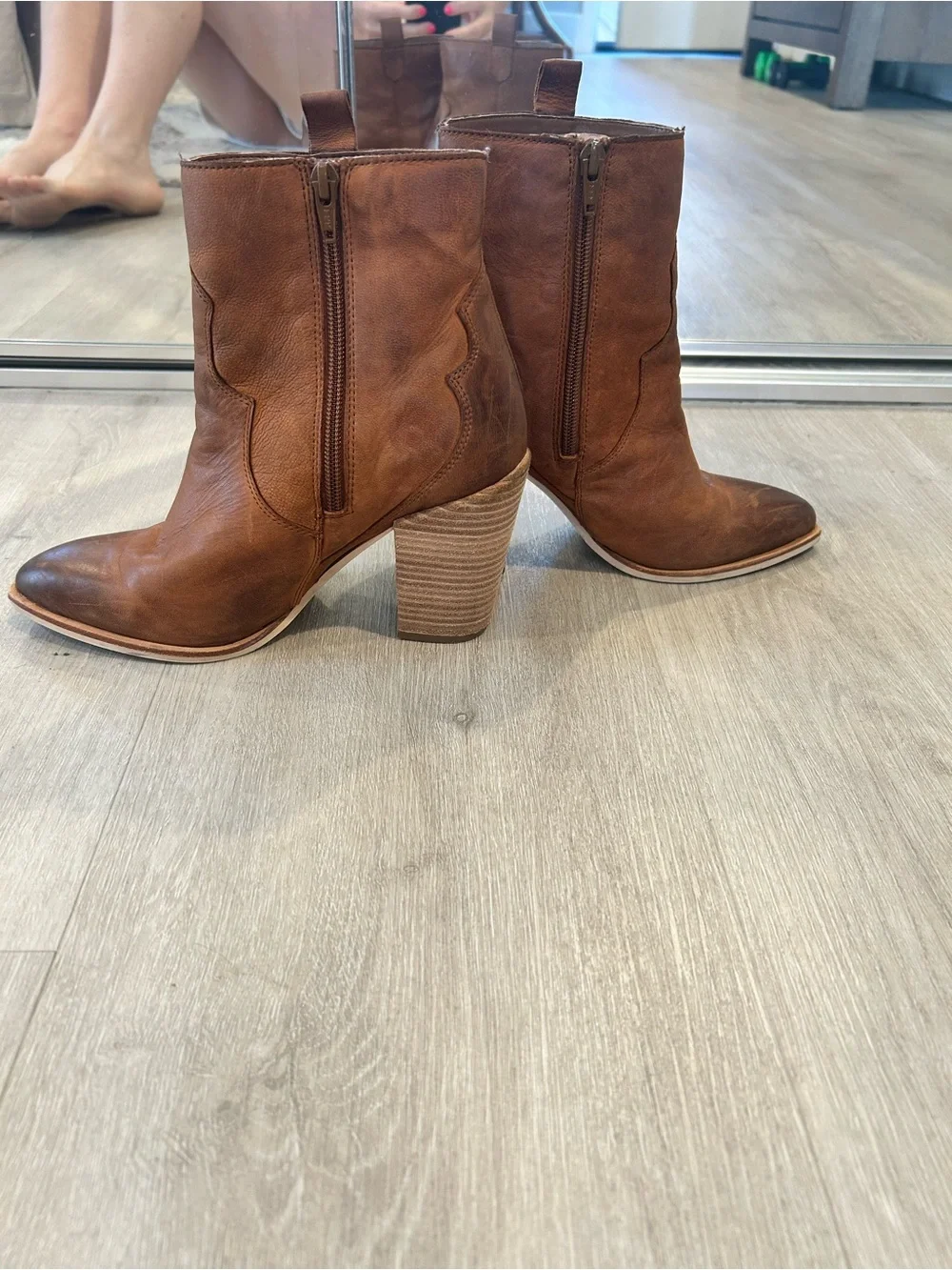 Crevo Women's Brown Leather Western Ankle Boots - Stylish Block Heel